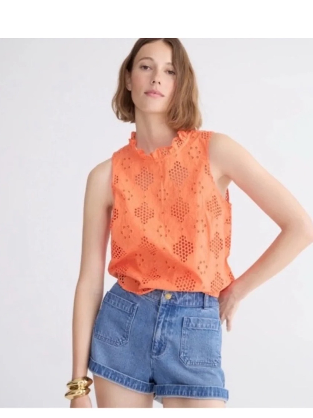 J. Crew Orange Eyelet Ruffle Mock-Neck Camisole